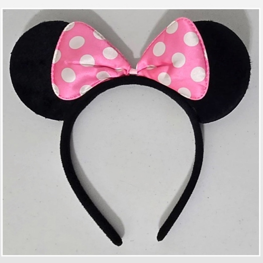 Disney Mini Mouse Ears Headband Black Pink Polka Dot Bow Halloween Costume